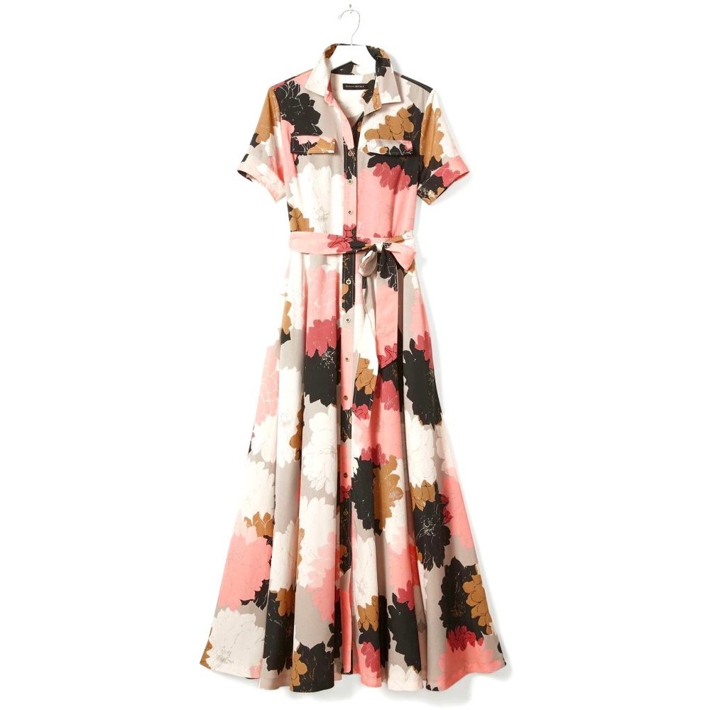 Banana Republic Pink Grey Tan Cream Floral Maxi Shirt Dress with Short Sleeves